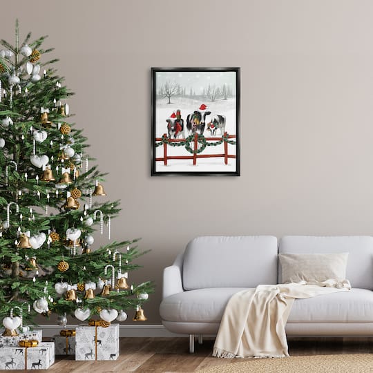 Stupell Industries Holiday Cows Farmland Fence Framed Floater Canvas Wall Art